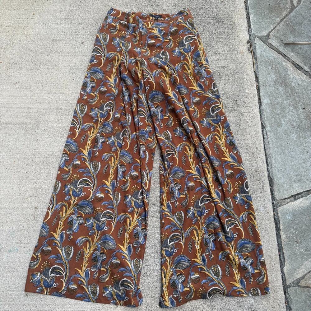 Womens Palazzo Pants Brown Floral Wide Leg Flowy Boho Folksy Evenuel Large